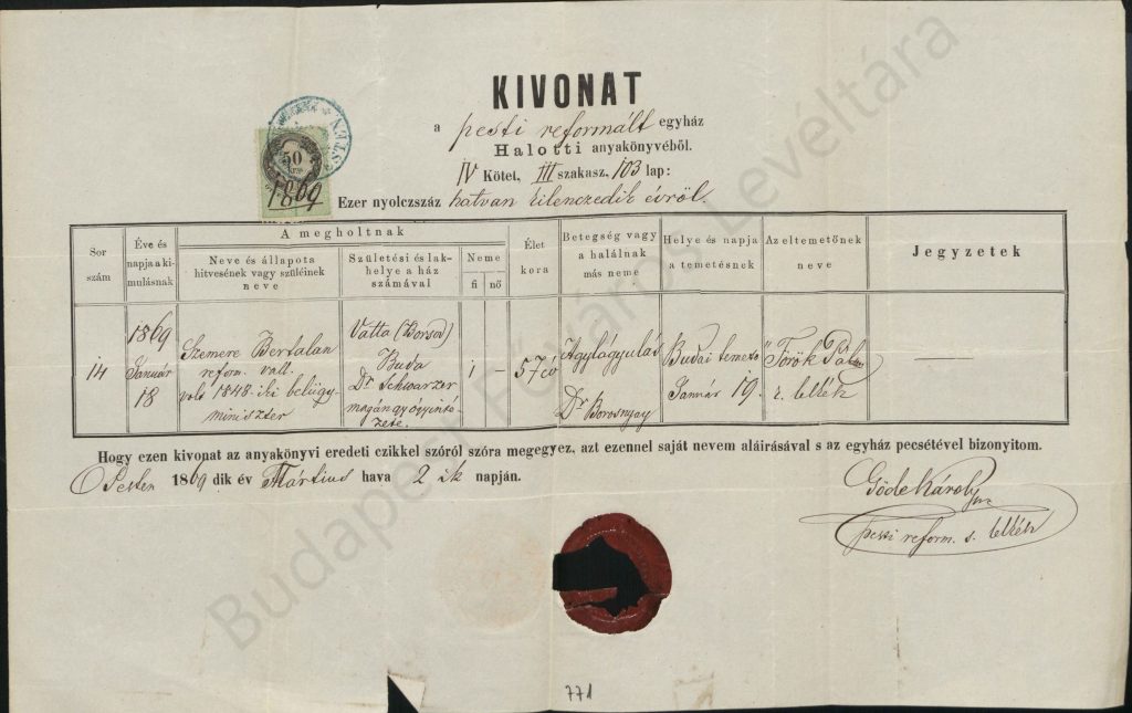 Halotti anyakönyvi kivonat